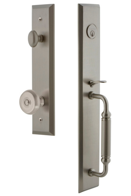 Grandeur Hardware - Fifth Avenue One-Piece Handleset with C Grip and Bouton Knob in Satin Nickel - FAVCGRBOU - 842586