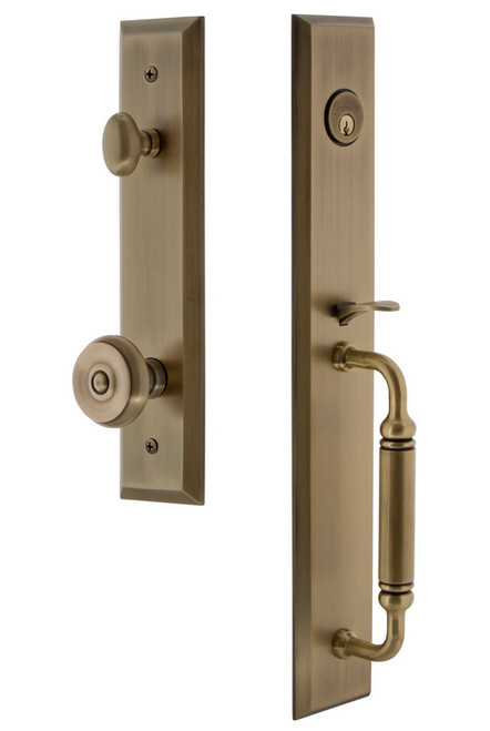 Grandeur Hardware - Fifth Avenue One-Piece Handleset with C Grip and Bouton Knob in Vintage Brass - FAVCGRBOU - 842596