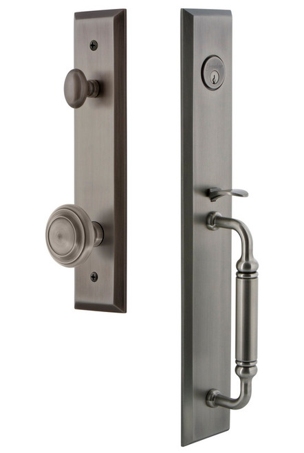 Grandeur Hardware - Fifth Avenue One-Piece Handleset with C Grip and Circulaire Knob in Antique Pewter - FAVCGRCIR - 842640