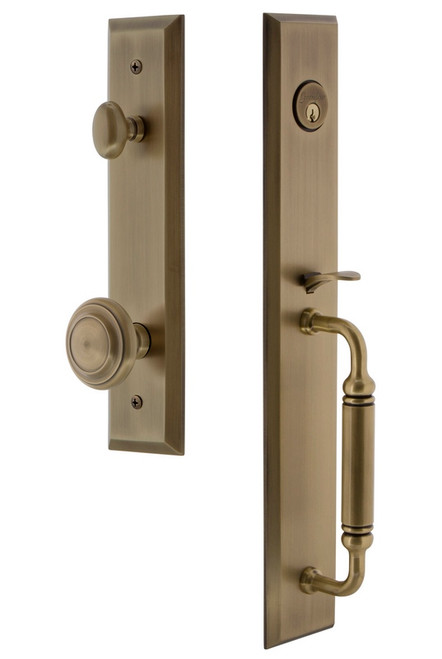 Grandeur Hardware - Fifth Avenue One-Piece Dummy Handleset with C Grip and Circulaire Knob in Vintage Brass - FAVCGRCIR - 849440