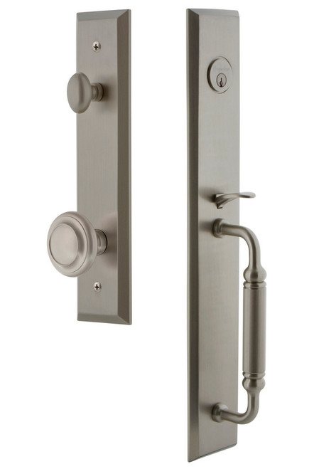 Grandeur Hardware - Fifth Avenue One-Piece Dummy Handleset with C Grip and Circulaire Knob in Satin Nickel - FAVCGRCIR - 849430