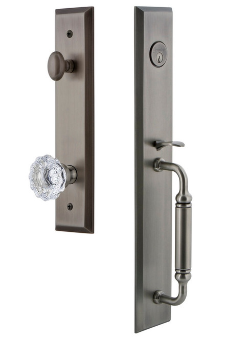 Grandeur Hardware - Fifth Avenue One-Piece Dummy Handleset with C Grip and Fontainebleau Knob in Antique Pewter - FAVCGRFON - 849490