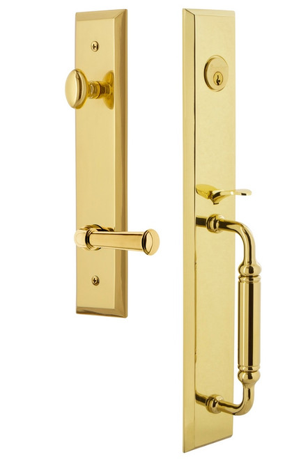 Grandeur Hardware - Fifth Avenue One-Piece Handleset with C Grip and Georgetown Lever in Lifetime Brass - FAVCGRGEO - 843220