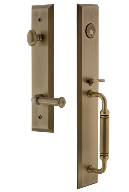 Grandeur Hardware - Fifth Avenue One-Piece Dummy Handleset with C Grip and Georgetown Lever in Vintage Brass - FAVCGRGEO - 850084
