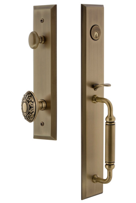 Grandeur Hardware - Fifth Avenue One-Piece Handleset with C Grip and Grande Victorian Knob in Vintage Brass - FAVCGRGVC - 842733