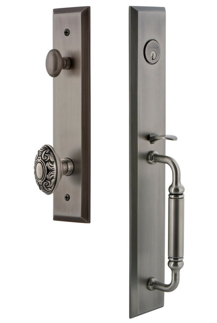 Grandeur Hardware - Fifth Avenue One-Piece Dummy Handleset with C Grip and Grande Victorian Knob in Antique Pewter - FAVCGRGVC - 849515