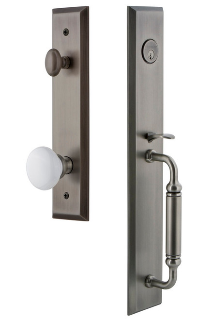 Grandeur Hardware - Fifth Avenue One-Piece Handleset with C Grip and Hyde Park Knob in Antique Pewter - FAVCGRHYD - 842738