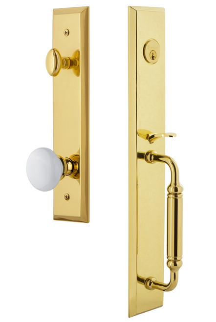 Grandeur Hardware - Fifth Avenue One-Piece Dummy Handleset with C Grip and Hyde Park Knob in Lifetime Brass - FAVCGRHYD - 849545