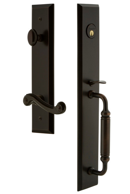 Grandeur Hardware - Fifth Avenue One-Piece Handleset with C Grip and Newport Lever in Timeless Bronze - FAVCGRNEW - 843276