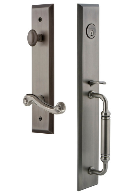 Grandeur Hardware - Fifth Avenue One-Piece Handleset with C Grip and Newport Lever in Antique Pewter - FAVCGRNEW - 843254