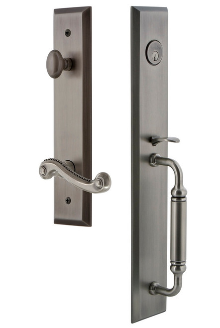 Grandeur Hardware - Fifth Avenue One-Piece Dummy Handleset with C Grip and Newport Lever in Antique Pewter - FAVCGRNEW - 850088