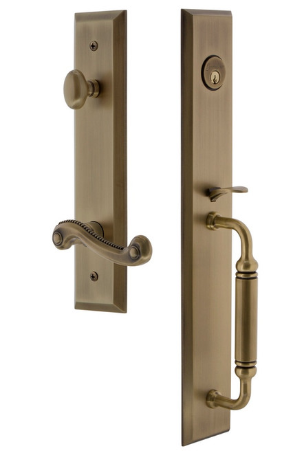 Grandeur Hardware - Fifth Avenue One-Piece Dummy Handleset with C Grip and Newport Lever in Vintage Brass - FAVCGRNEW - 850120