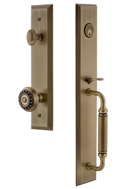 Grandeur Hardware - Fifth Avenue One-Piece Handleset with C Grip and Parthenon Knob in Vintage Brass - FAVCGRPAR - 842773