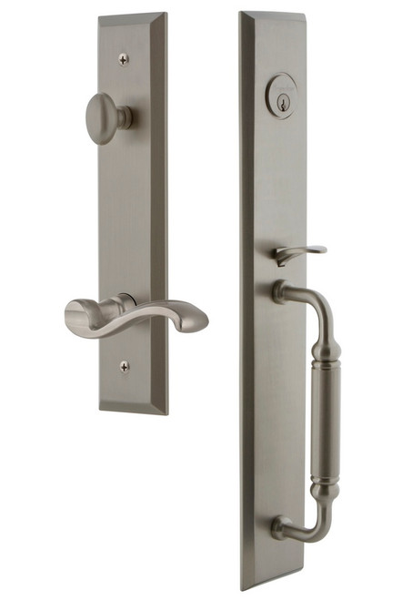 Grandeur Hardware - Fifth Avenue One-Piece Handleset with C Grip and Portofino Lever in Satin Nickel - FAVCGRPRT - 843305