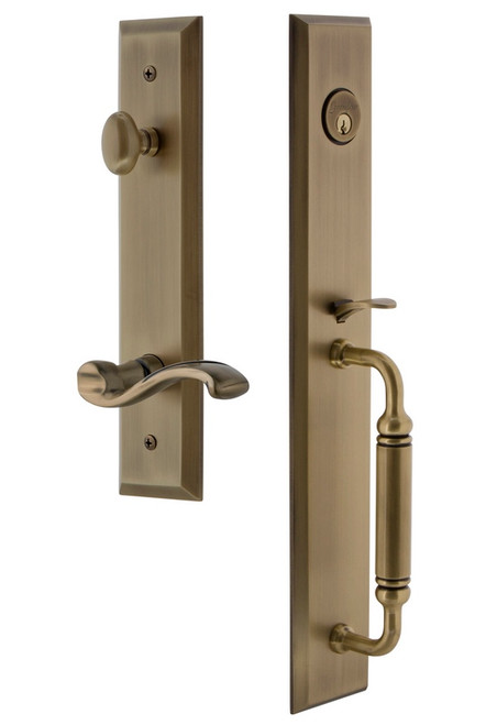 Grandeur Hardware - Fifth Avenue One-Piece Handleset with C Grip and Portofino Lever in Vintage Brass - FAVCGRPRT - 843328