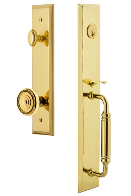 Grandeur Hardware - Fifth Avenue One-Piece Dummy Handleset with C Grip and Soleil Knob in Lifetime Brass - FAVCGRSOL - 849620