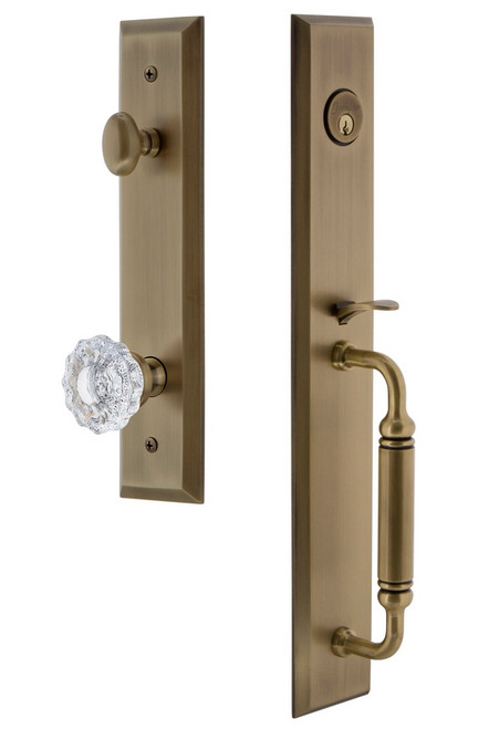 Grandeur Hardware - Fifth Avenue One-Piece Dummy Handleset with C Grip and Versailles Knob in Vintage Brass - FAVCGRVER - 849660