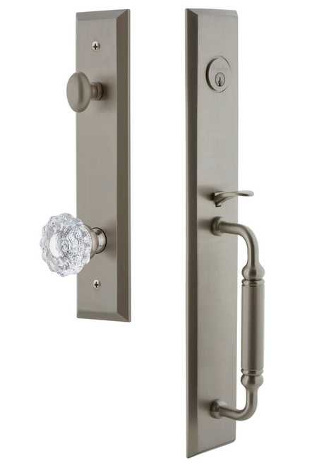 Grandeur Hardware - Fifth Avenue One-Piece Dummy Handleset with C Grip and Versailles Knob in Satin Nickel - FAVCGRVER - 849650