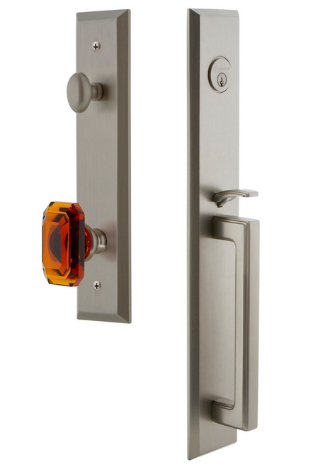 Grandeur Hardware - Fifth Avenue One-Piece Handleset with D Grip and Baguette Amber Knob in Satin Nickel - FAVDGRBCA - 845603