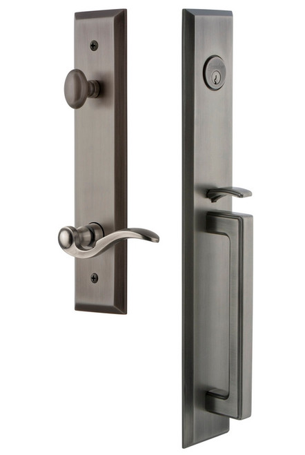 Grandeur Hardware - Fifth Avenue One-Piece Handleset with D Grip and Bellagio Lever in Antique Pewter - FAVDGRBEL - 847615