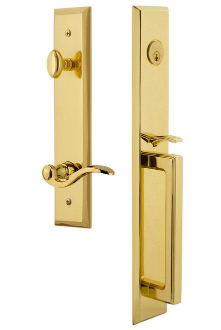 Grandeur Hardware - Fifth Avenue One-Piece Handleset with D Grip and Bellagio Lever in Lifetime Brass - FAVDGRBEL - 847640