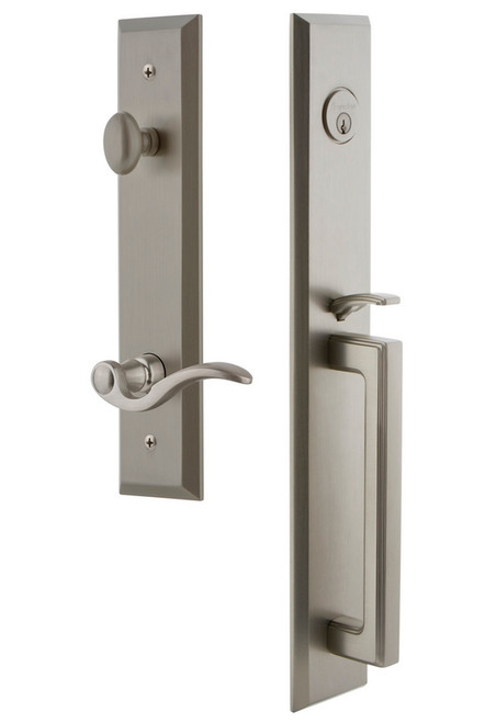 Grandeur Hardware - Fifth Avenue One-Piece Handleset with D Grip and Bellagio Lever in Satin Nickel - FAVDGRBEL - 847664