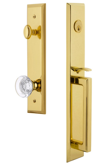 Grandeur Hardware - Fifth Avenue One-Piece Handleset with D Grip and Bordeaux Knob in Lifetime Brass - FAVDGRBOR - 845775