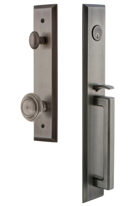 Grandeur Hardware - Fifth Avenue One-Piece Handleset with D Grip and Circulaire Knob in Antique Pewter - FAVDGRCIR - 846000