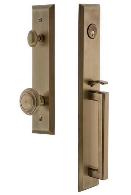 Grandeur Hardware - Fifth Avenue One-Piece Handleset with D Grip and Circulaire Knob in Vintage Brass - FAVDGRCIR - 846048