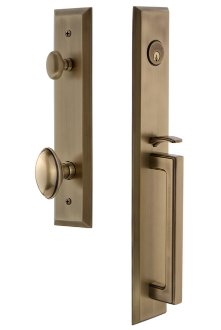 Grandeur Hardware - Fifth Avenue One-Piece Handleset with D Grip and Eden Prairie Knob in Vintage Brass - FAVDGREDN - 846109