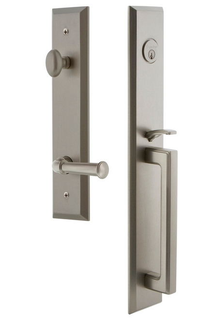 Grandeur Hardware - Fifth Avenue One-Piece Handleset with D Grip and Georgetown Lever in Satin Nickel - FAVDGRGEO - 847783