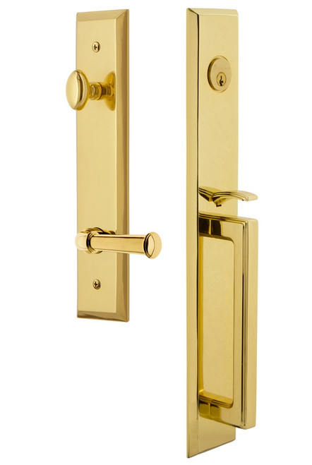 Grandeur Hardware - Fifth Avenue One-Piece Handleset with D Grip and Georgetown Lever in Lifetime Brass - FAVDGRGEO - 847758