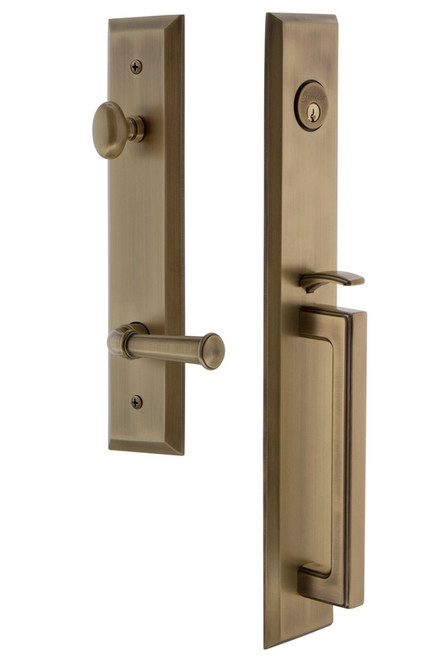 Grandeur Hardware - Fifth Avenue One-Piece Dummy Handleset with D Grip and Georgetown Lever in Vintage Brass - FAVDGRGEO - 850085