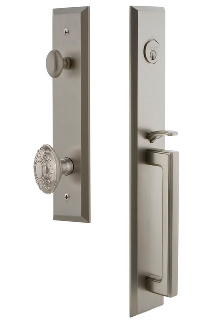 Grandeur Hardware - Fifth Avenue One-Piece Handleset with D Grip and Grande Victorian Knob in Satin Nickel - FAVDGRGVC - 846265