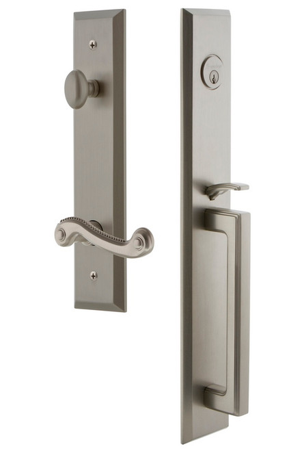 Grandeur Hardware - Fifth Avenue One-Piece Handleset with D Grip and Newport Lever in Satin Nickel - FAVDGRNEW - 847900