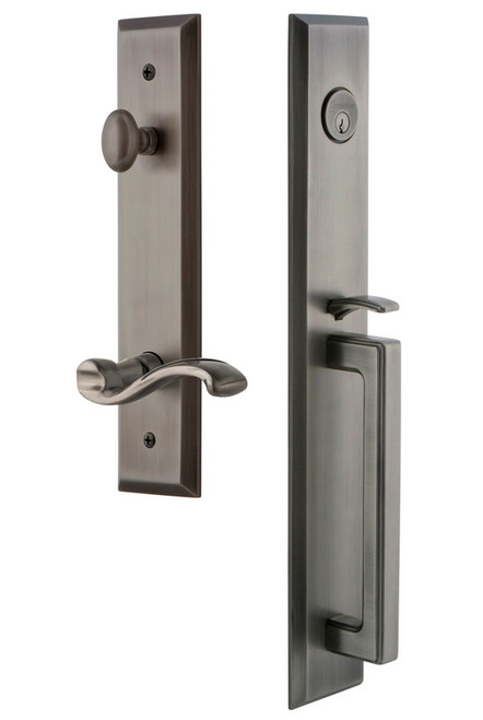 Grandeur Hardware - Fifth Avenue One-Piece Handleset with D Grip and Portofino Lever in Antique Pewter - FAVDGRPRT - 847977