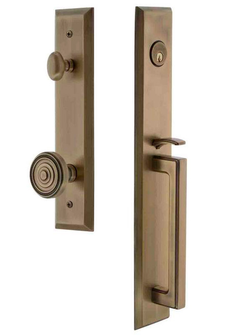 Grandeur Hardware - Fifth Avenue One-Piece Handleset with D Grip and Soleil Knob in Vintage Brass - FAVDGRSOL - 846528