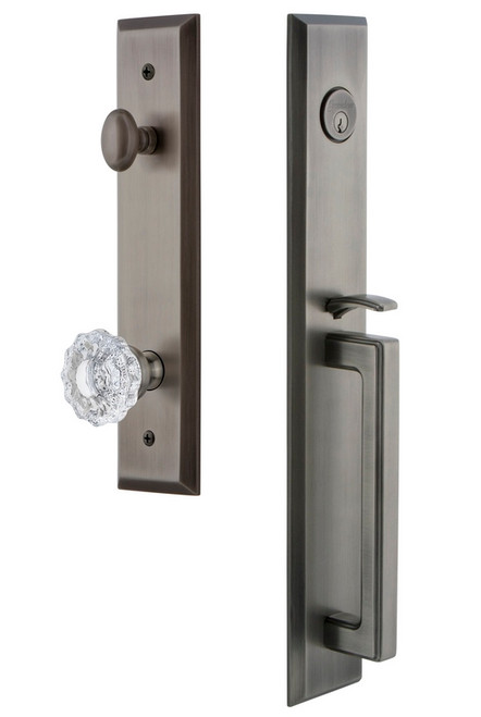 Grandeur Hardware - Fifth Avenue One-Piece Handleset with D Grip and Versailles Knob in Antique Pewter - FAVDGRVER - 846540