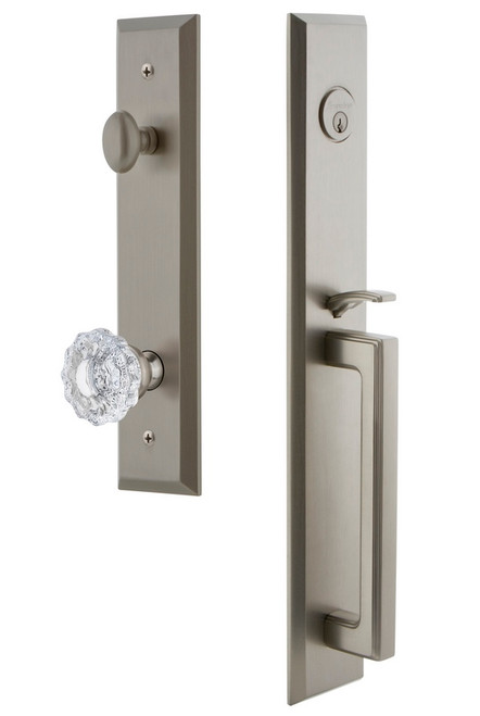 Grandeur Hardware - Fifth Avenue One-Piece Handleset with D Grip and Versailles Knob in Satin Nickel - FAVDGRVER - 846567