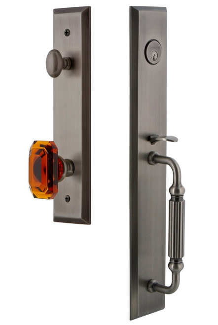 Grandeur Hardware - Fifth Avenue One-Piece Handleset with F Grip and Baguette Amber Knob in Antique Pewter - FAVFGRBCA - 845577