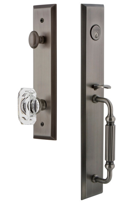 Grandeur Hardware - Fifth Avenue One-Piece Handleset with F Grip and Baguette Clear Crystal Knob in Antique Pewter - FAVFGRBCC - 845644