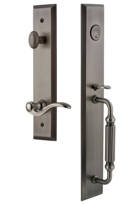 Grandeur Hardware - Fifth Avenue One-Piece Dummy Handleset with F Grip and Bellagio Lever in Antique Pewter - FAVFGRBEL - 850010