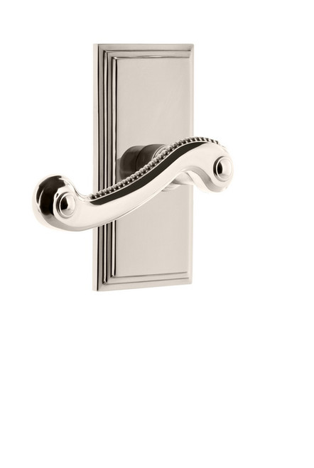 Grandeur Hardware - Carre Plate Passage with Newport Lever in Polished Nickel - CARNEW - 822746