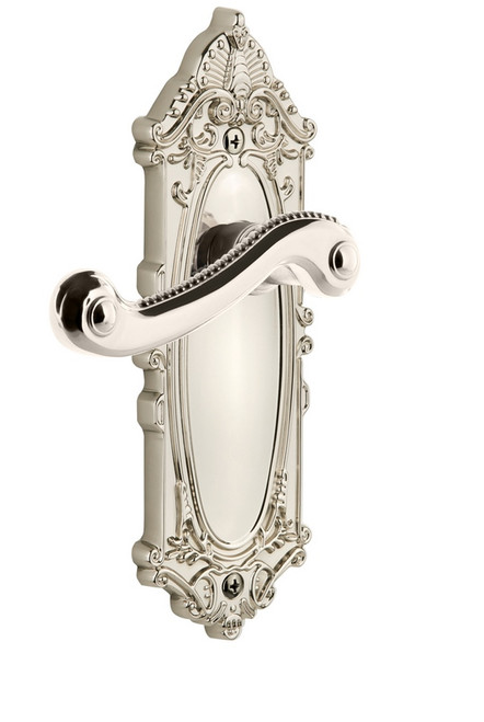 Grandeur Hardware - Grande Victorian Plate Privacy with Newport Lever in Polished Nickel - GVCNEW - 807389