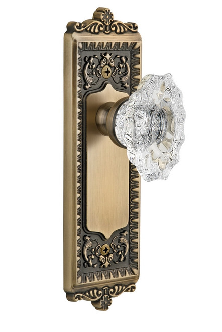 Grandeur Hardware - Windsor Plate Double Dummy with Biarritz Crystal Knob in Vintage Brass - WINBIA - 800582