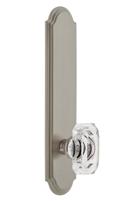 Grandeur Hardware - Hardware Arc Tall Plate Privacy with Baguette Clear Crystal Knob in Satin Nickel - ARCBCC - 836713