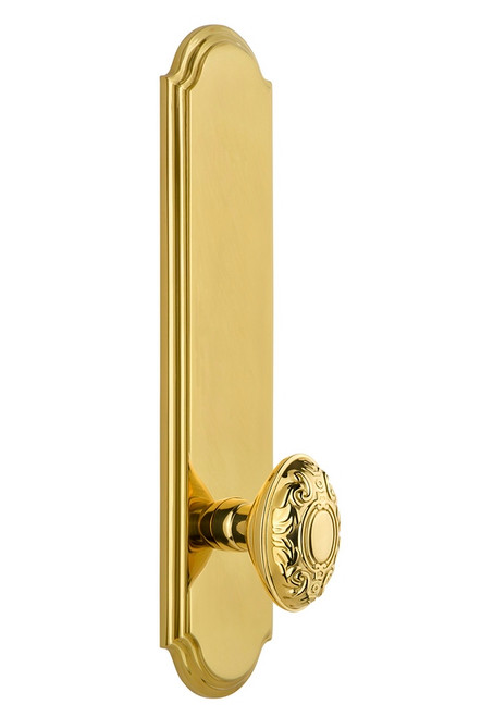 Grandeur Hardware - Hardware Arc Tall Plate Privacy with Grande Victorian Knob in Lifetime Brass - ARCGVC - 836908