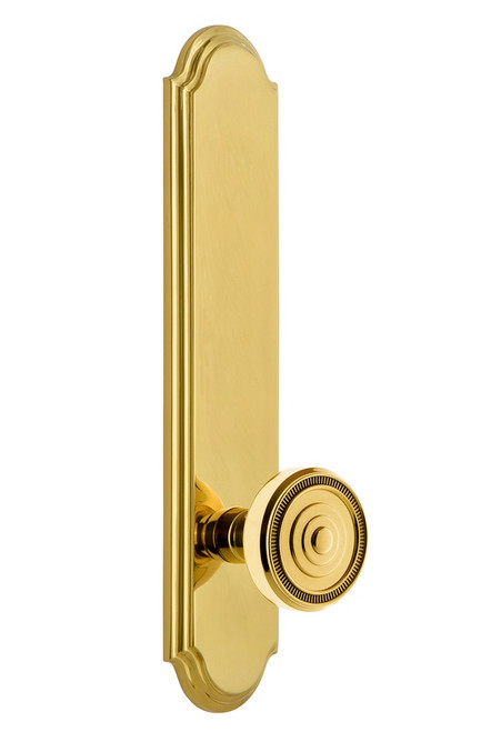 Grandeur Hardware - Hardware Arc Tall Plate Privacy with Soleil Knob in Lifetime Brass - ARCSOL - 836981