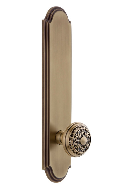 Grandeur Hardware - Hardware Arc Tall Plate Privacy with Windsor Knob in Vintage Brass - ARCWIN - 837035