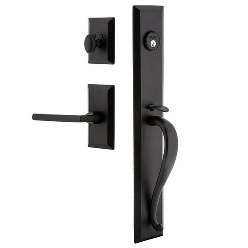 Ageless Iron Keep One-Piece Handleset with A Grip with Vale Plate and Dirk Lever in Black Iron - KEPAGRVALDRK - 2 3/8" Backset